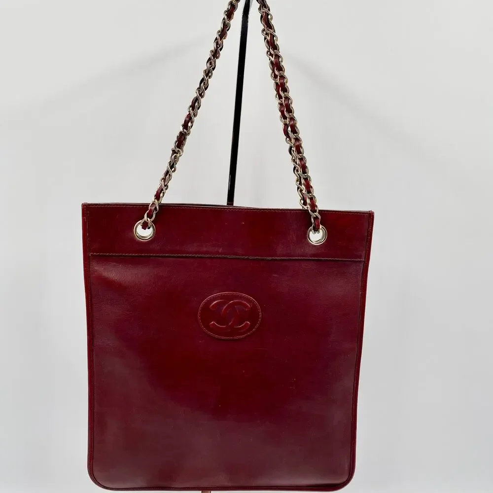 Chanel Burgundy Lambskin Leather Flat Tote Bag Large Classic CC Chain Vintage